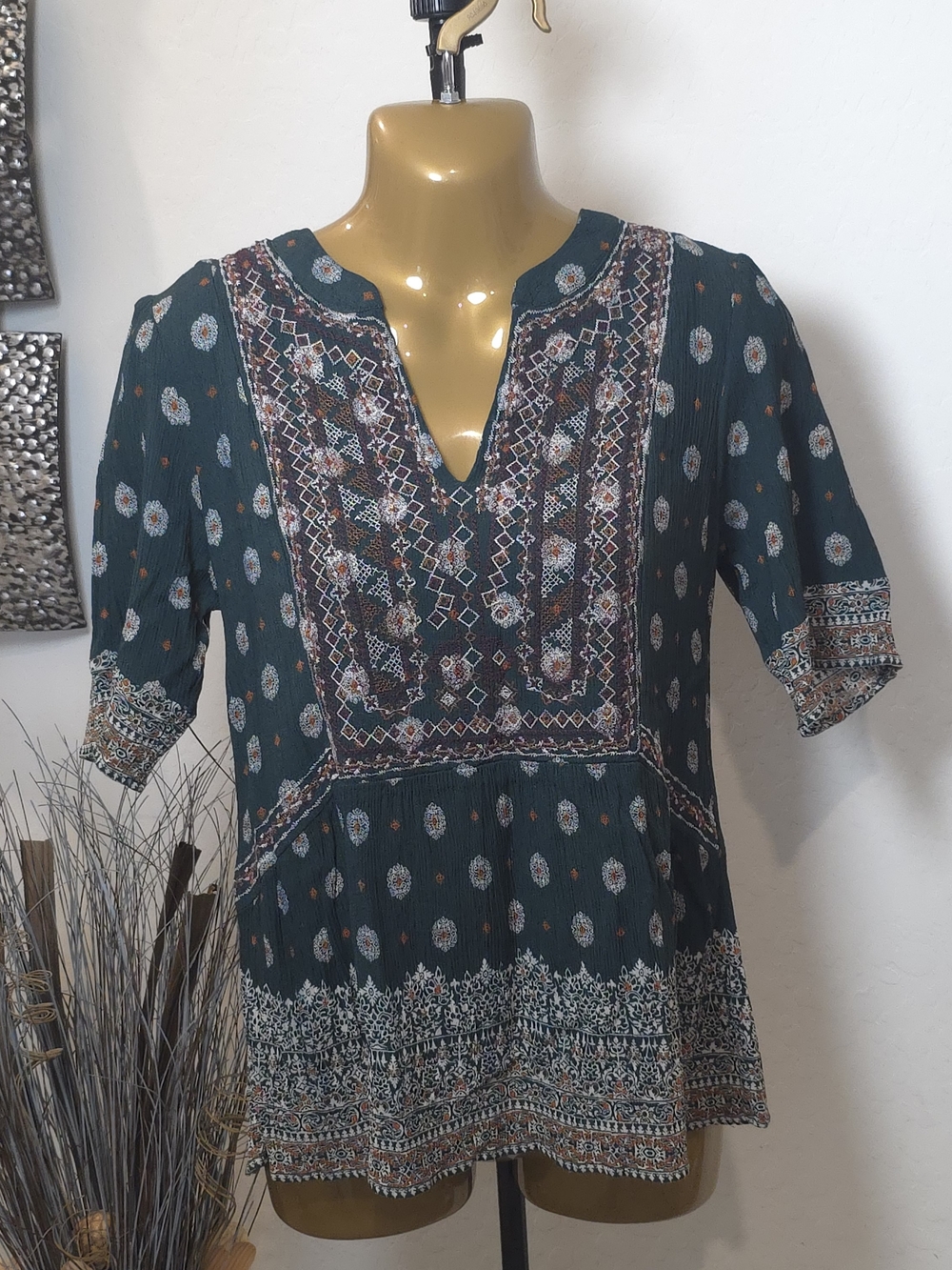 Knox Rose Women's Green Embroidered Boho Tunic Blouse 3/4 Sleeve Sz S